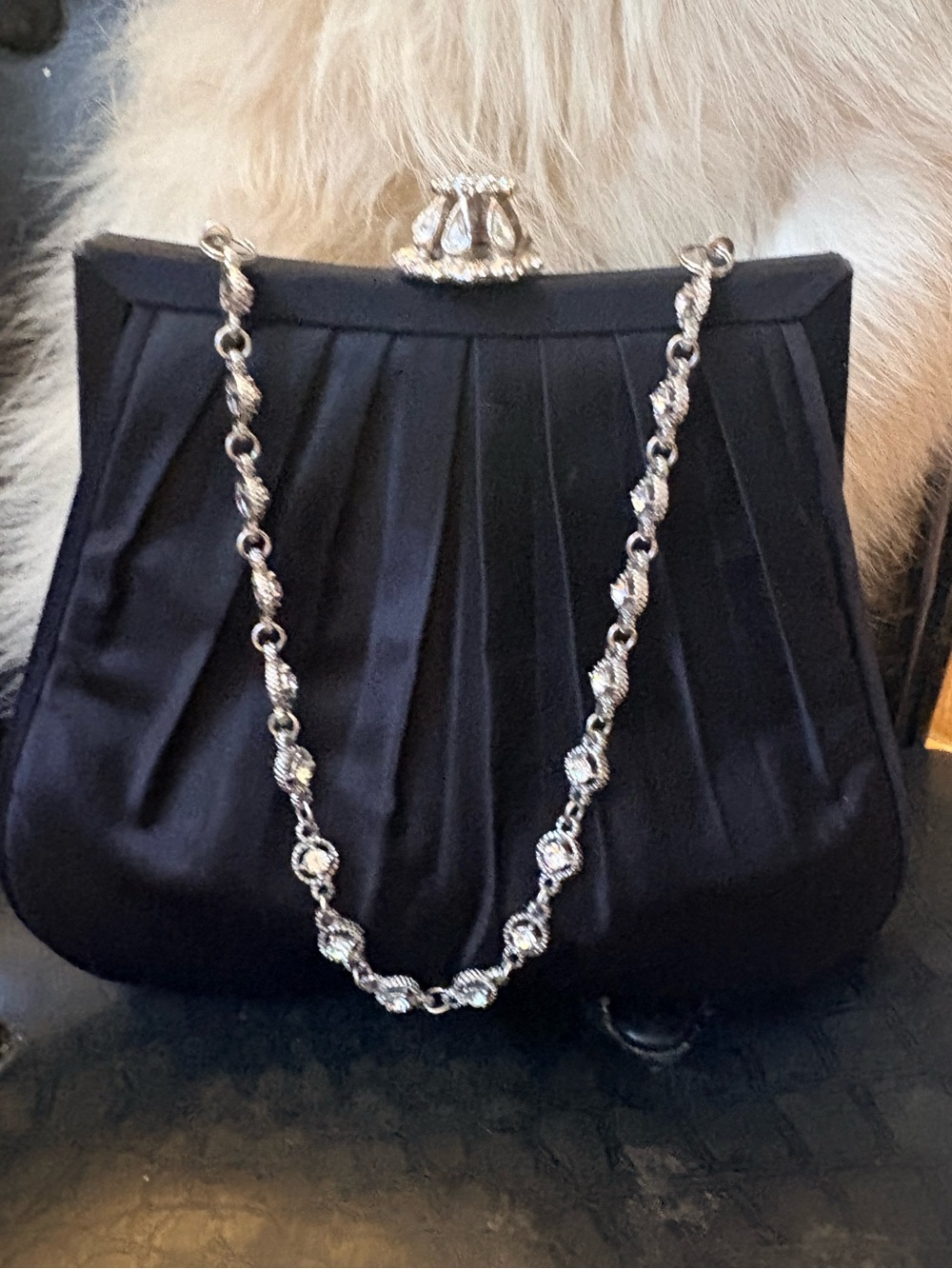 Nordstrom Black Satin Evening Clutch with Rhinestone Strap and Clasp